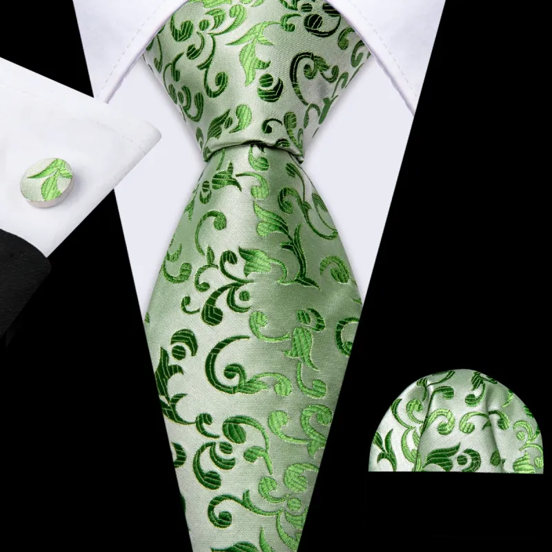 Barry Wang Green Floral Silk Tie Pocket Square Cufflinks Set sold by Barrywang