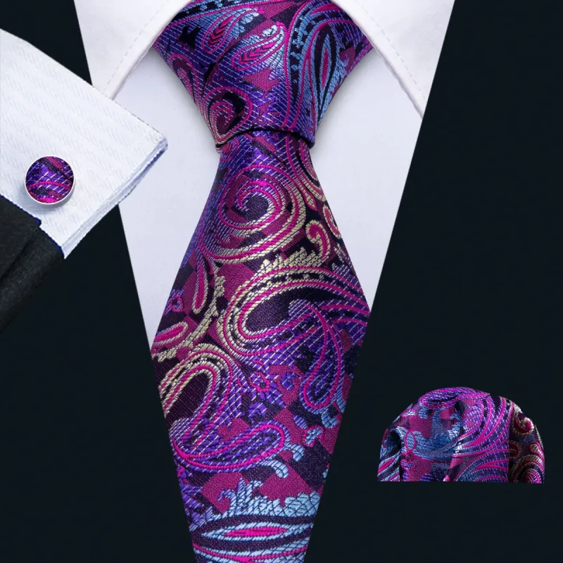 Barry Wang Purple Paisley Silk Men's Tie Pocket Square Cufflinks Set sold by Barrywang