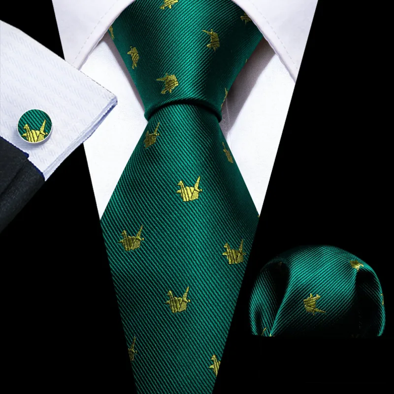 Barry Wang Green Yellow Cranes Print Silk Tie Handkerchief Cufflinks Set sold by Barrywang