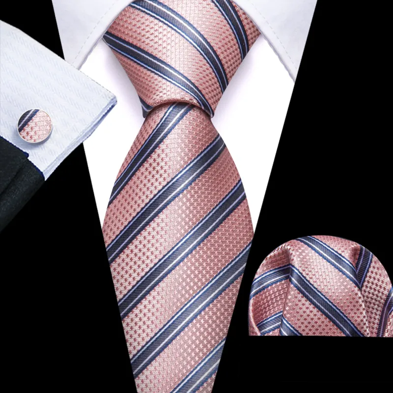 Barry. Wang Pink Light Grey Stripes Men Tie Handkerchief Pocket Set sold by Barrywang
