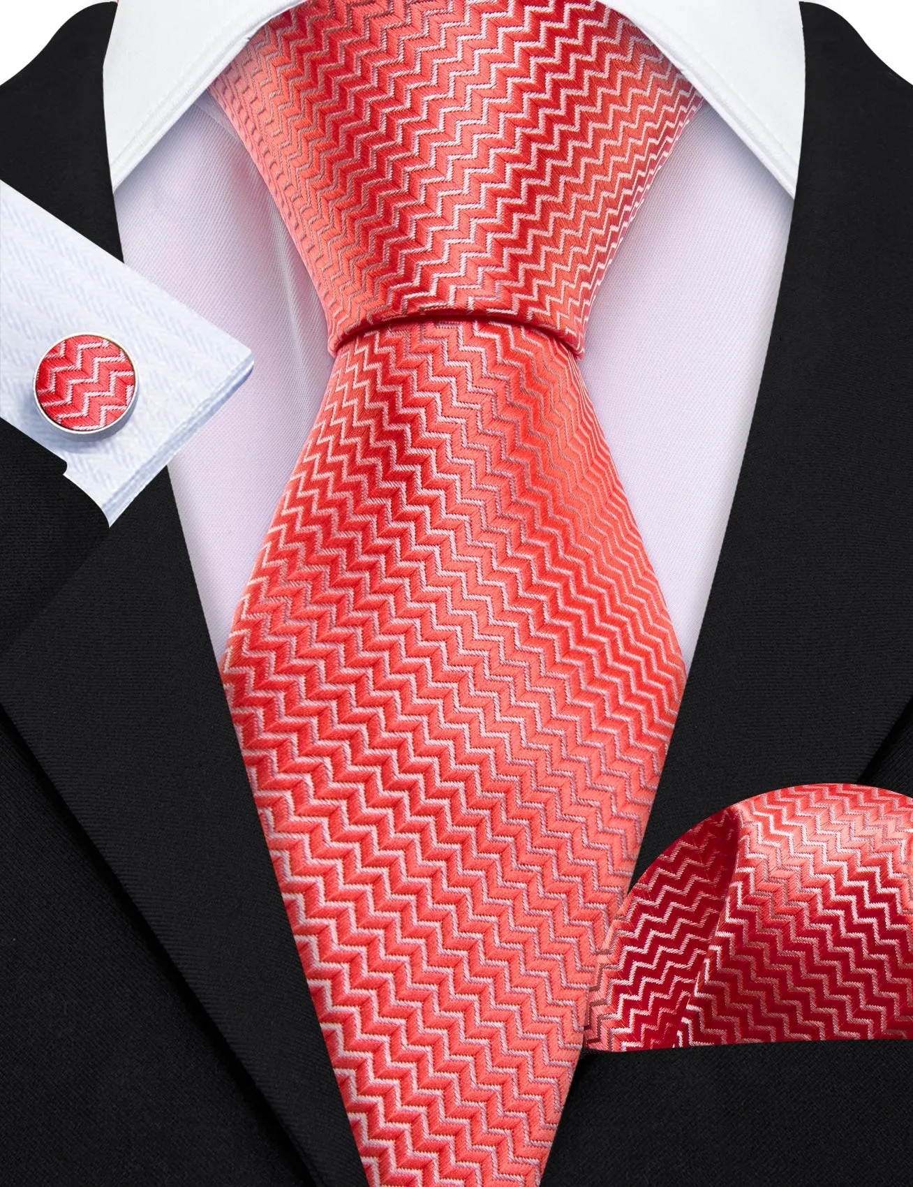 Barry Wang Sunset Orange Silk 63" Extra Long Tie Hanky Cufflinks Set sold by Barrywang product image thumbnail 3