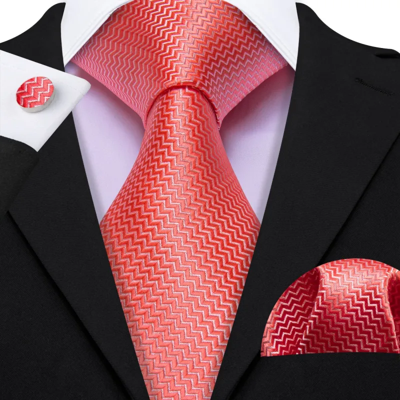 Barry Wang Sunset Orange Silk 63" Extra Long Tie Hanky Cufflinks Set sold by Barrywang