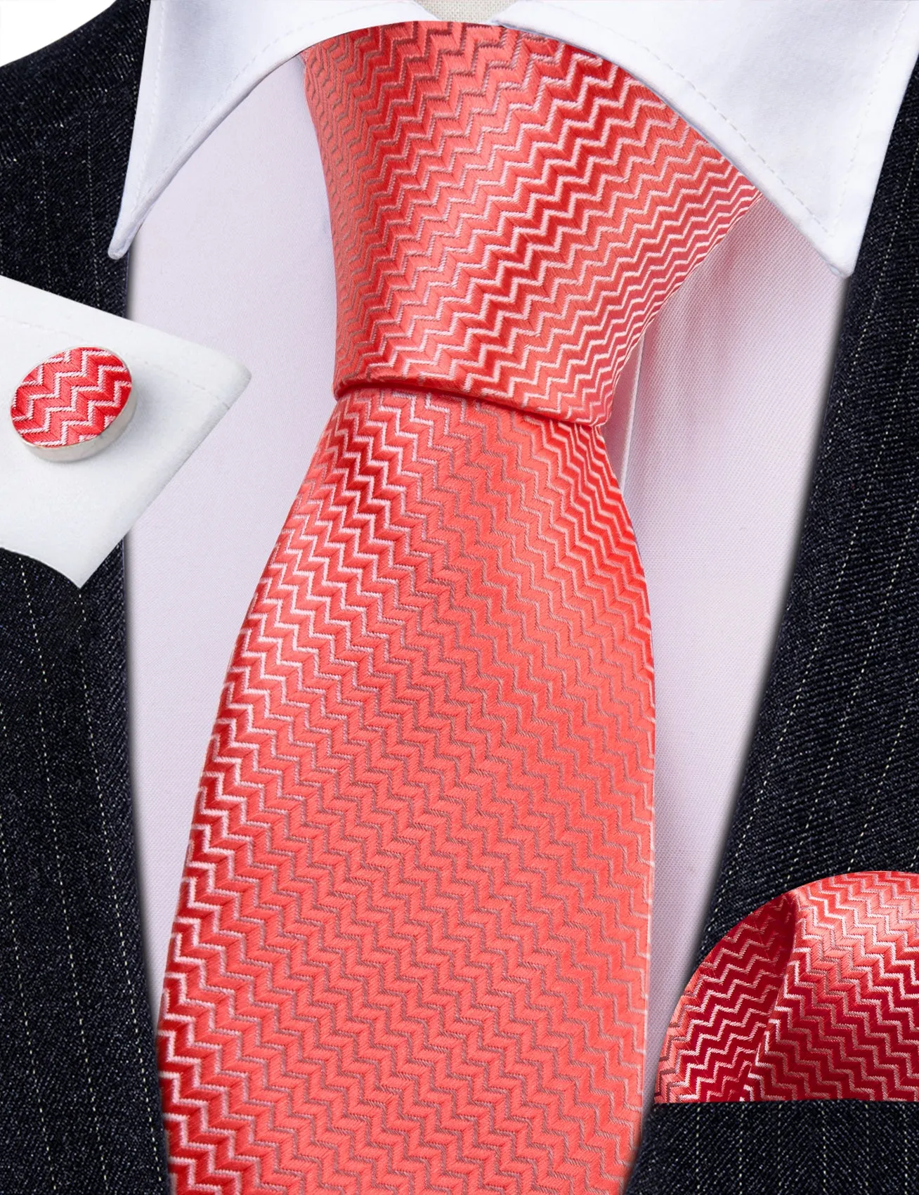 Barry Wang Sunset Orange Silk 63" Extra Long Tie Hanky Cufflinks Set sold by Barrywang product image thumbnail 4