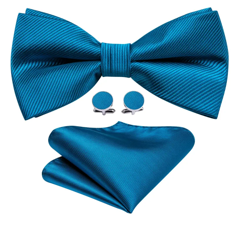 Sky Blue Solid Pre-tied Bow Tie Hanky Cufflinks Set sold by Barrywang