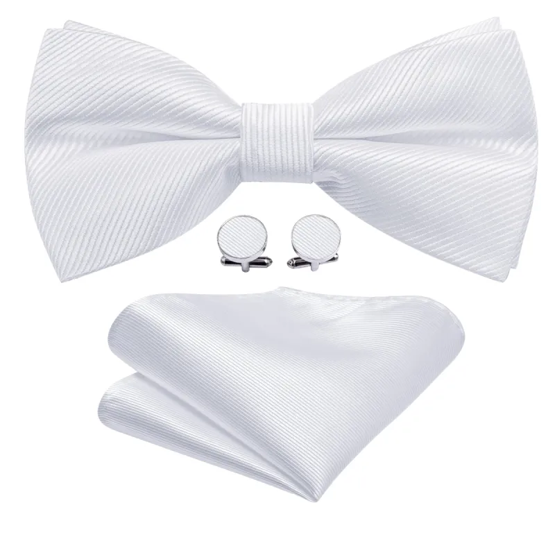 Barry Wang White Solid Pre-tied Wedding Bow Tie Hanky Cufflinks Set sold by Barrywang