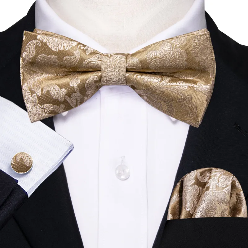 Barry. Wang Gold Paisley Pre-tied Bow Tie Hanky Cufflinks Set sold by Barrywang