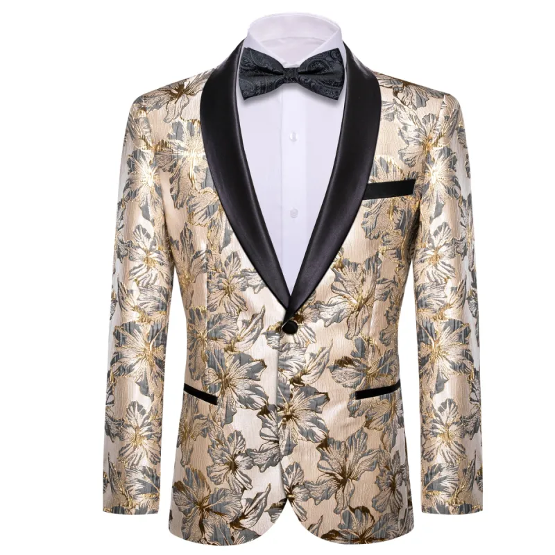 Barry. Wang Men's Dress Party Wheat Blue Floral Suit Jacket Slim One Button Stylish Blazer sold by Barrywang
