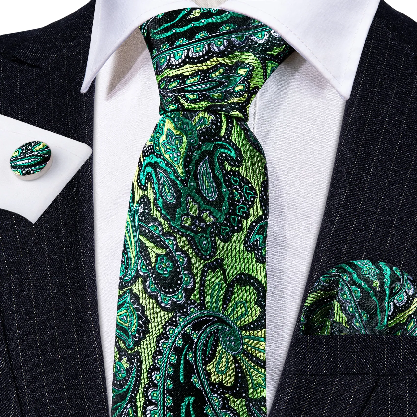Barry Wang Green Tie Paisley Silk Men's Tie Handkerchief Cufflinks Set sold by Barrywang product image thumbnail 2