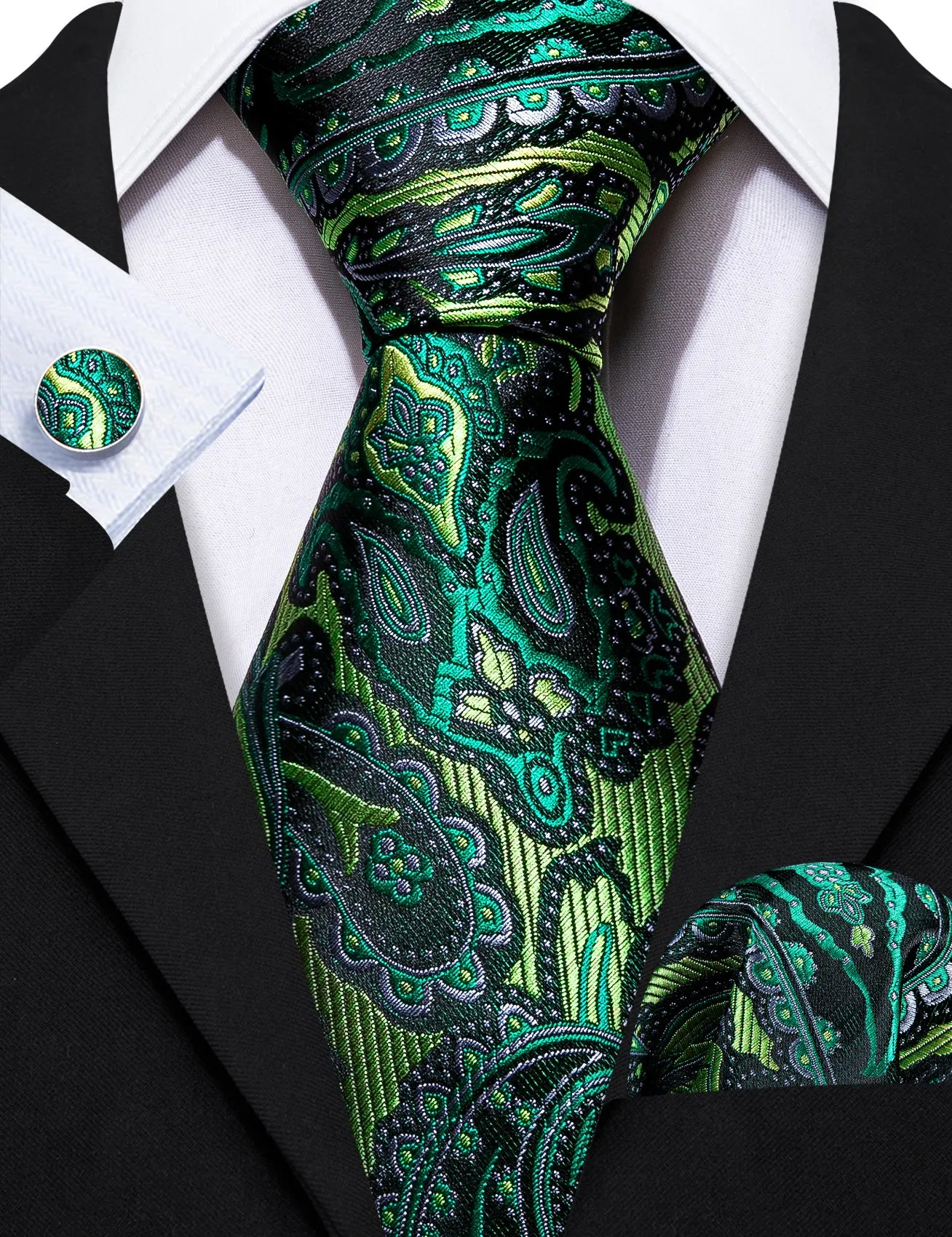 Barry Wang Green Tie Paisley Silk Men's Tie Handkerchief Cufflinks Set sold by Barrywang product image thumbnail 3