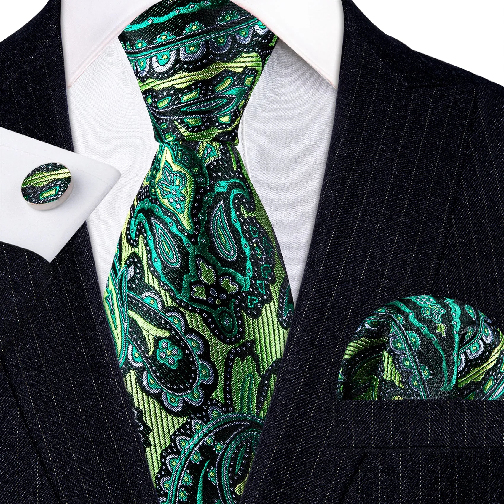 Barry Wang Green Tie Paisley Silk Men's Tie Handkerchief Cufflinks Set sold by Barrywang product image thumbnail 4