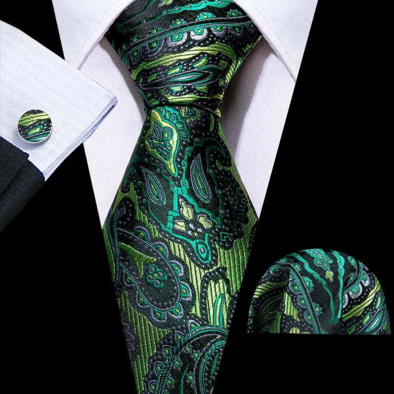 Barry Wang Green Tie Paisley Silk Men's Tie Handkerchief Cufflinks Set sold by Barrywang