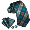 Barry. Wang Tie Plaid Beige Teal Blue Checkered Necktie Hanky Cufflinks Set sold by Barrywang