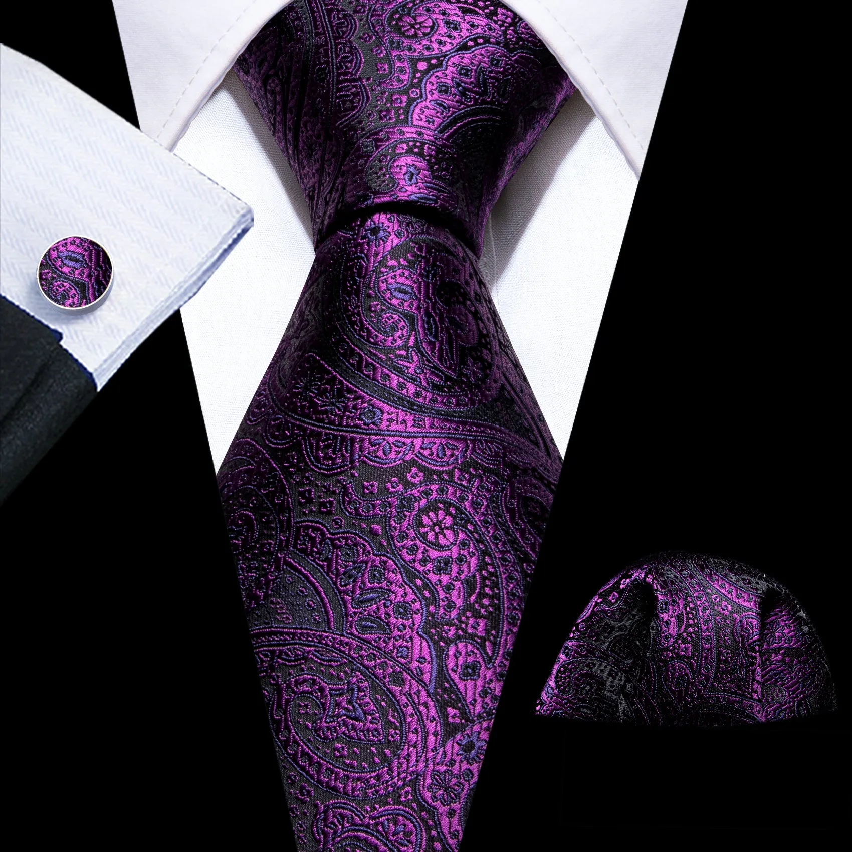 Barry. Wang Classy Purple Paisley Silk Tie Pocket Square Cufflinks Set sold by Barrywang