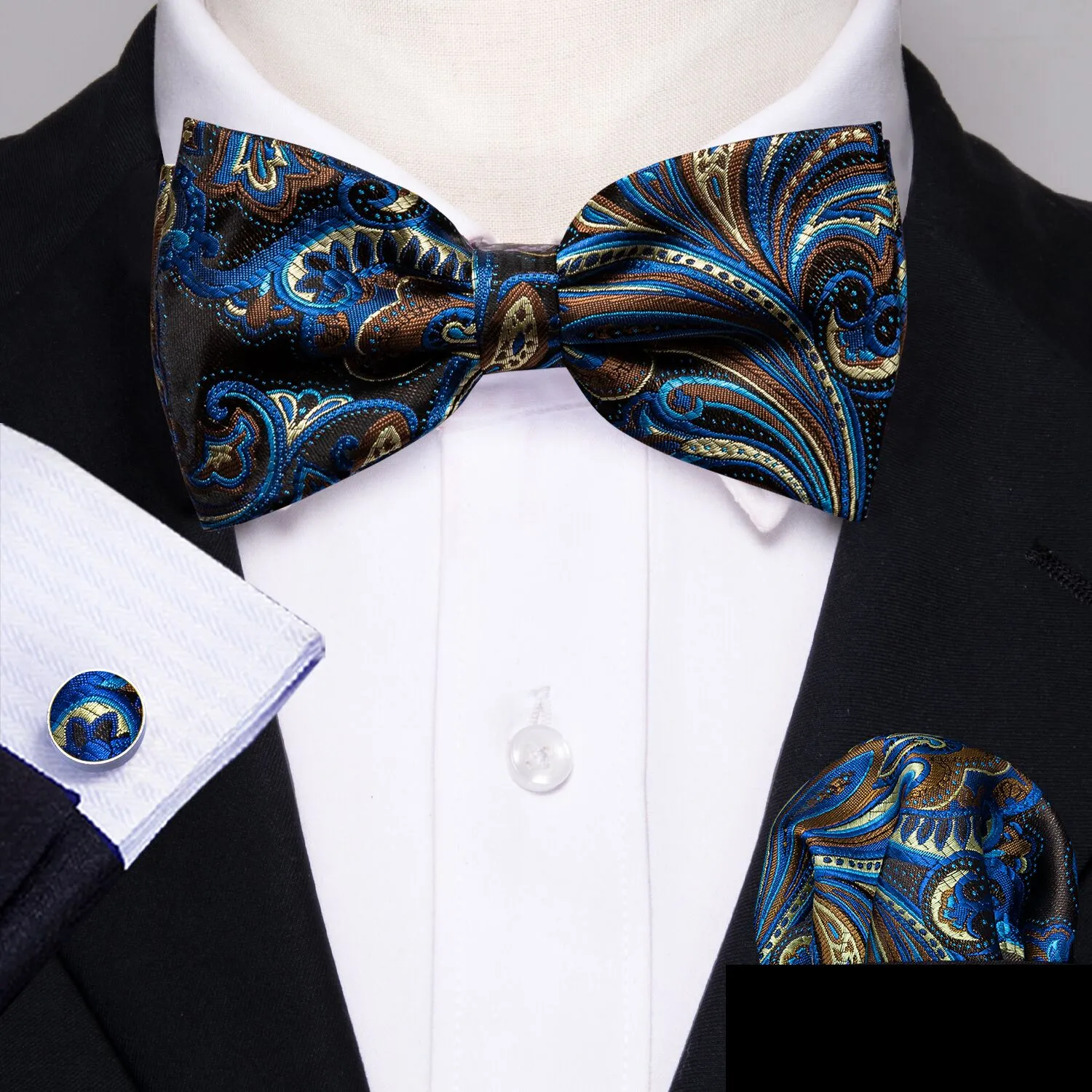Barry. Wang Blue Brown Paisley Pre-tied Bow Tie Hanky Cufflinks Set sold by Barrywang