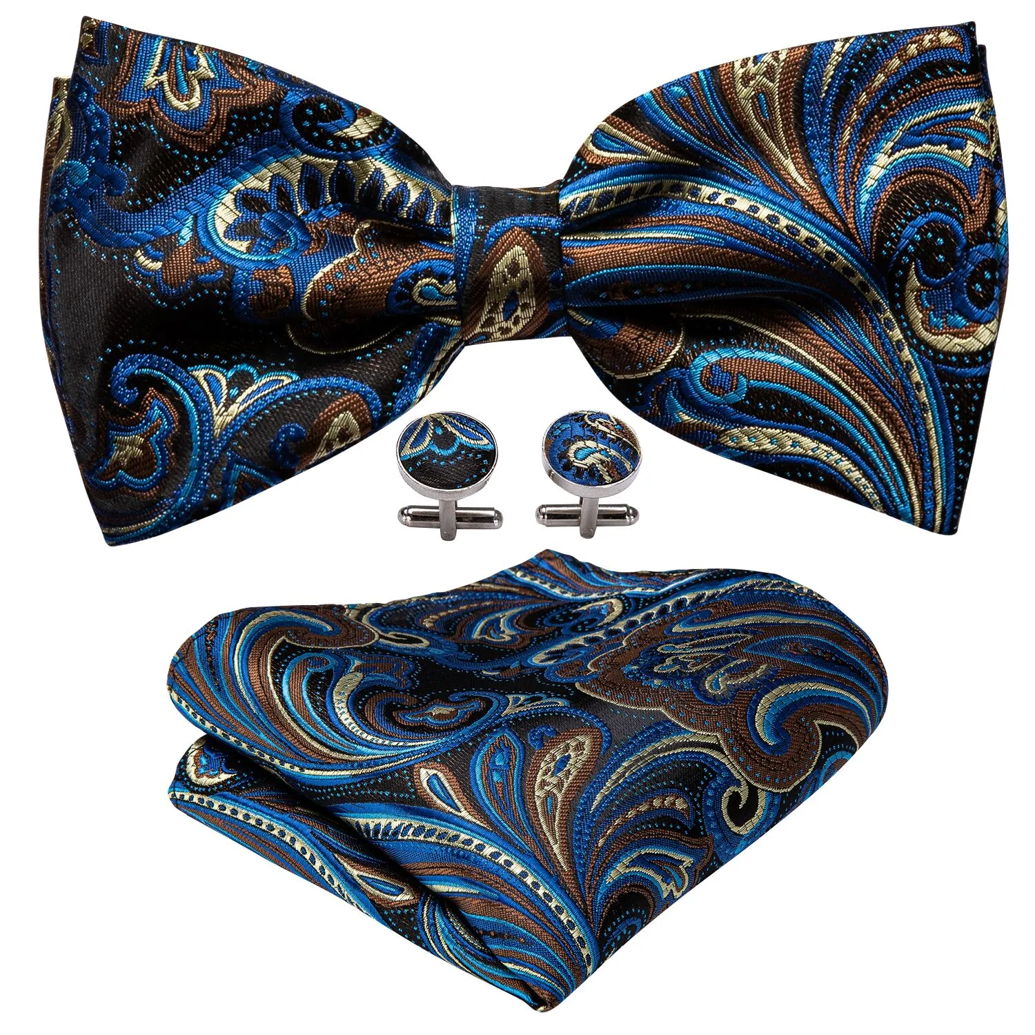 Barry. Wang Blue Brown Paisley Pre-tied Bow Tie Hanky Cufflinks Set sold by Barrywang product image thumbnail 4
