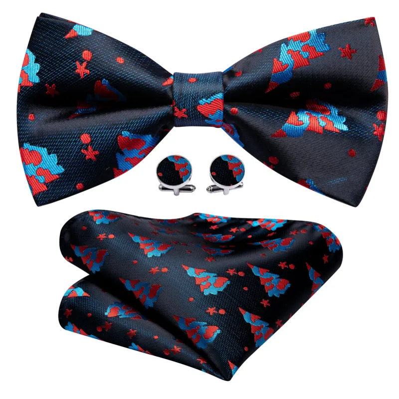 Barry Wang Christmas Black Xmas Tree Silk Bow Tie Hanky Cufflinks Set sold by Barrywang