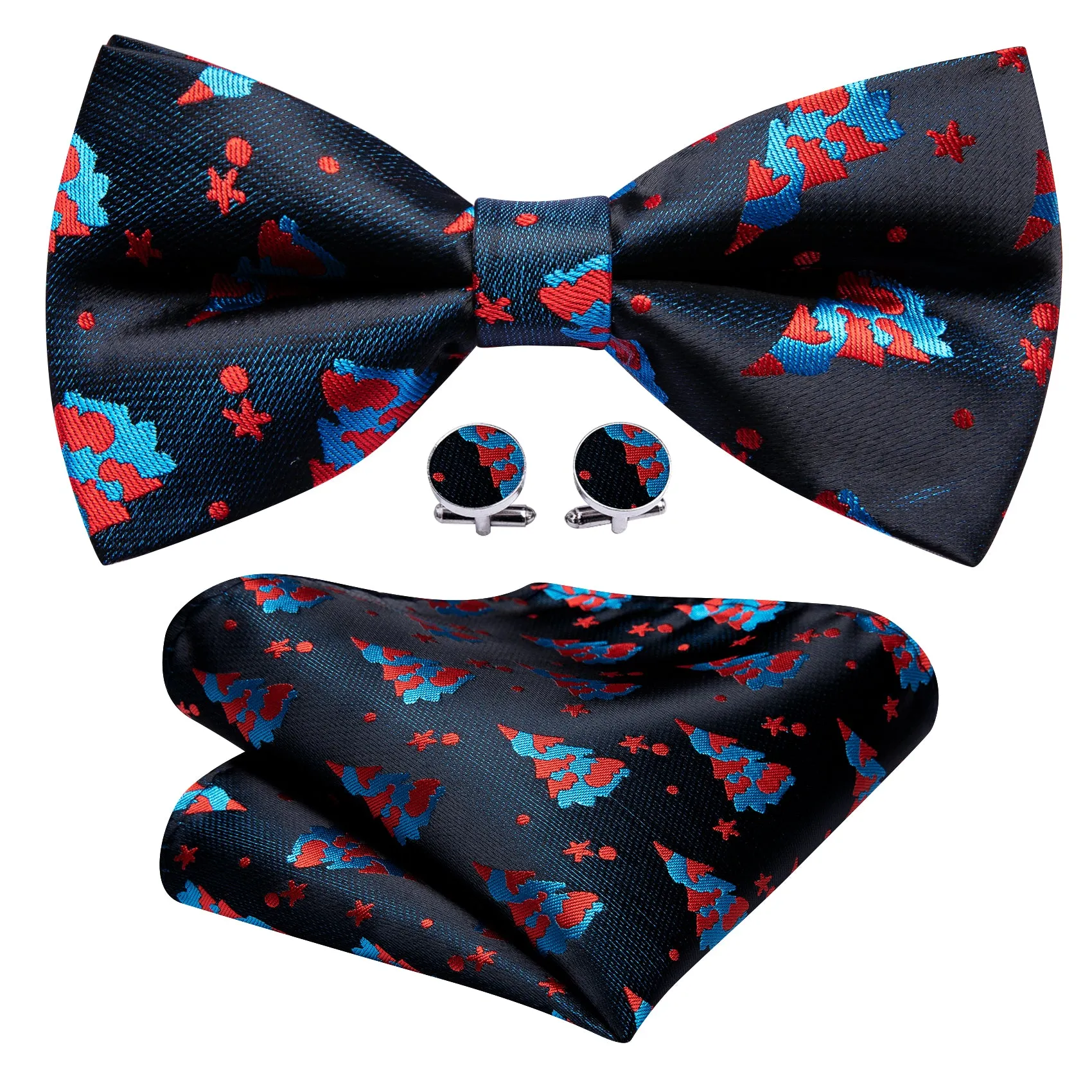 Barry Wang Christmas Black Xmas Tree Silk Bow Tie Hanky Cufflinks Set sold by Barrywang