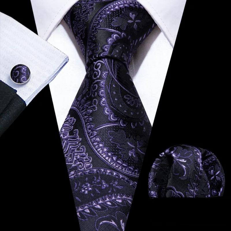 Barry Wang Black Purple Paisley Silk Tie Handkerchief Cufflinks Set sold by Barrywang