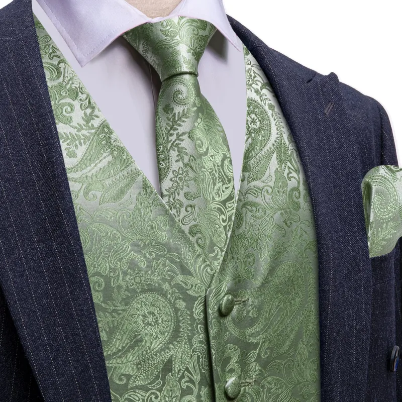 Barry Wang Light Green Paisley Wedding Vest V-Neck Silk Suit Waistcoat sold by Barrywang