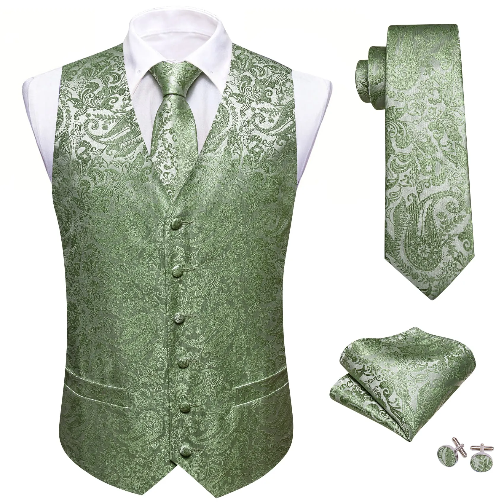 Barry Wang Light Green Paisley Wedding Vest V-Neck Silk Suit Waistcoat sold by Barrywang product image thumbnail 2