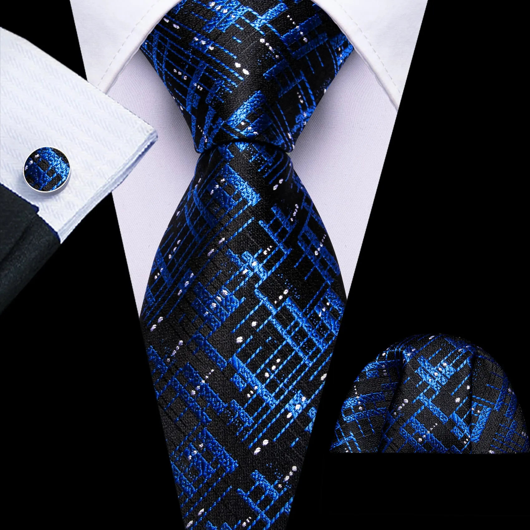 Barry Wang Black Blue Novelty Tie Men's Neckties Hanky Cufflinks Set sold by Barrywang