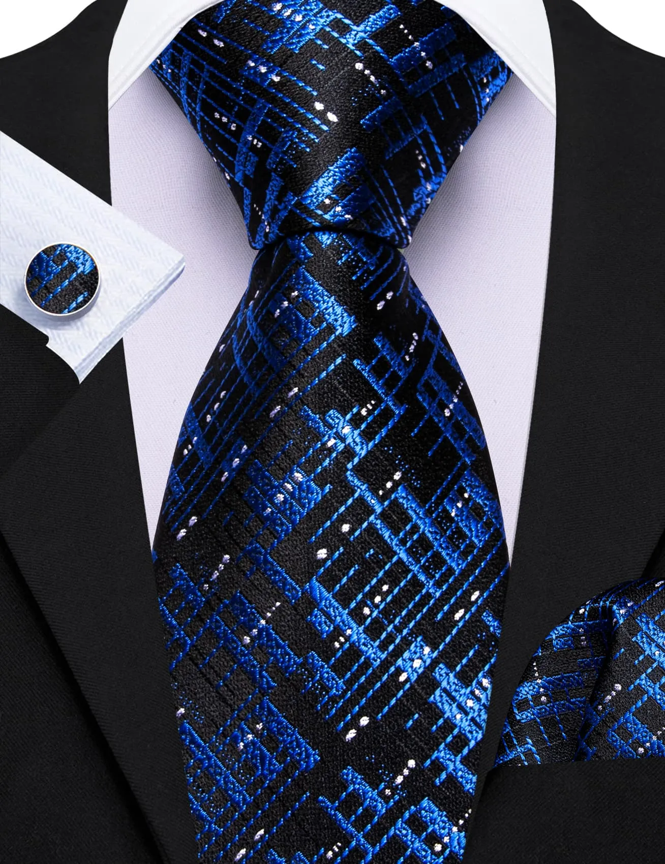 Barry Wang Black Blue Novelty Tie Men's Neckties Hanky Cufflinks Set sold by Barrywang product image thumbnail 5