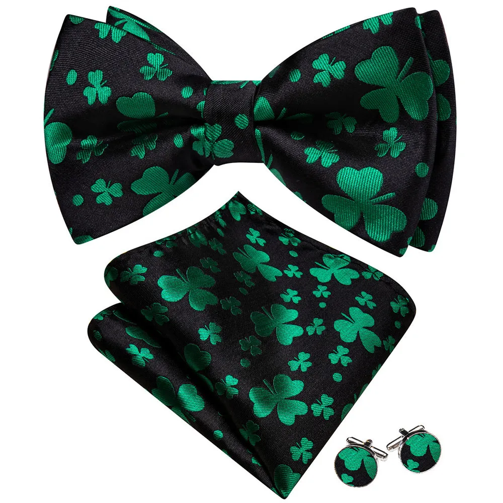 Barry. Wang Black Green Clover Silk Pre-Tied Men's Bow Tie Hanky Cufflinks Set sold by Barrywang