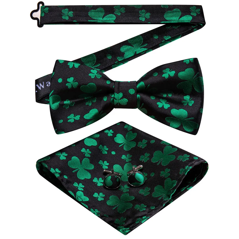 Barry. Wang Black Green Clover Silk Pre-Tied Men's Bow Tie Hanky Cufflinks Set sold by Barrywang product image thumbnail 2