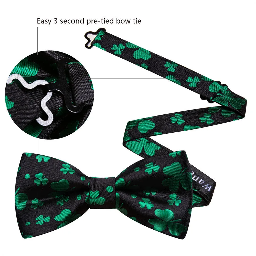 Barry. Wang Black Green Clover Silk Pre-Tied Men's Bow Tie Hanky Cufflinks Set sold by Barrywang product image thumbnail 4
