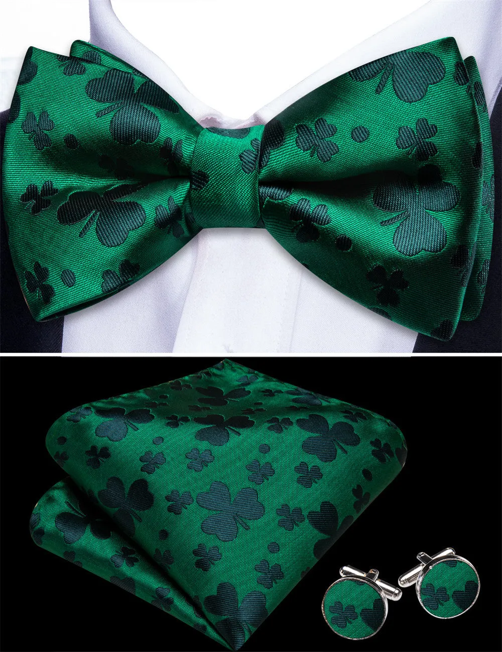 Barry. Wang Green Clover Silk Pre-Tied Men's Bow Tie Hanky Cufflinks Set sold by Barrywang product image thumbnail 3