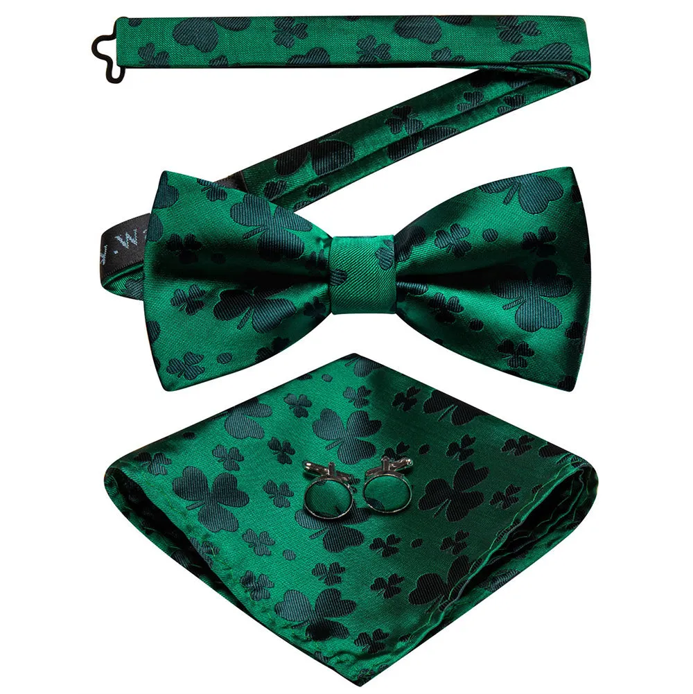 Barry. Wang Green Clover Silk Pre-Tied Men's Bow Tie Hanky Cufflinks Set sold by Barrywang product image thumbnail 2
