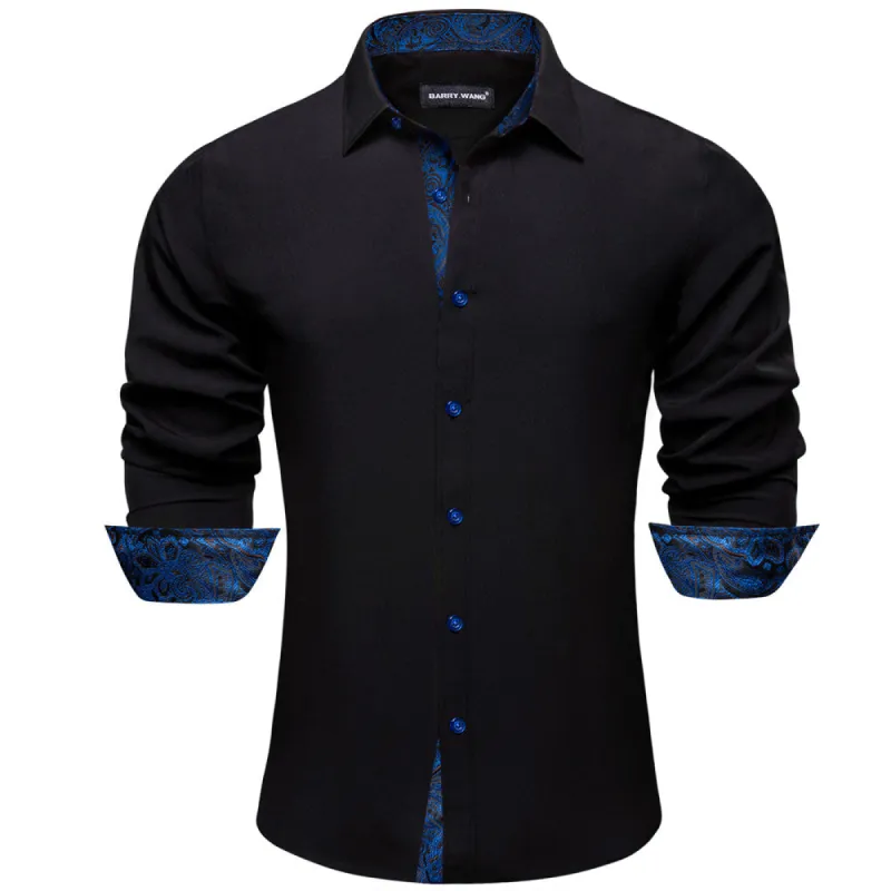 Barry. Wang Black Blue Patchwork Shirt Button Up Long Sleeve Collared Shirt sold by Barrywang