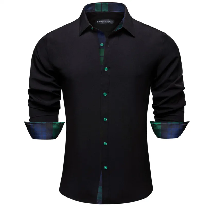 Barry. Wang Black Green Patchwork Shirt Button Up Long Sleeve Collared Shirt sold by Barrywang