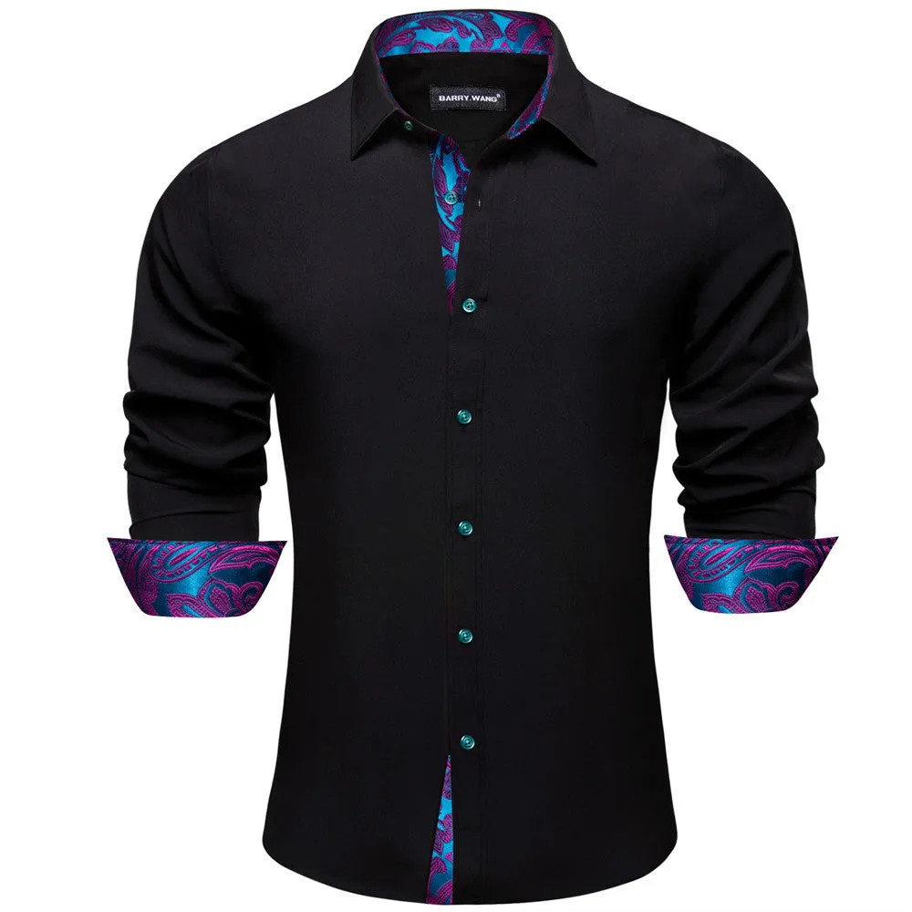 Barry. Wang Black Blue Patchwork Long Sleeve Button Down Dress Shirt sold by Barrywang