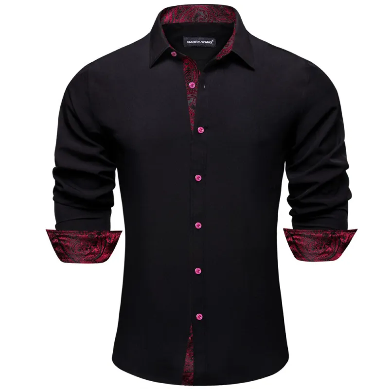 Barry. Wang Black Red Patchwork Long Sleeve Button Down Dress Shirt sold by Barrywang