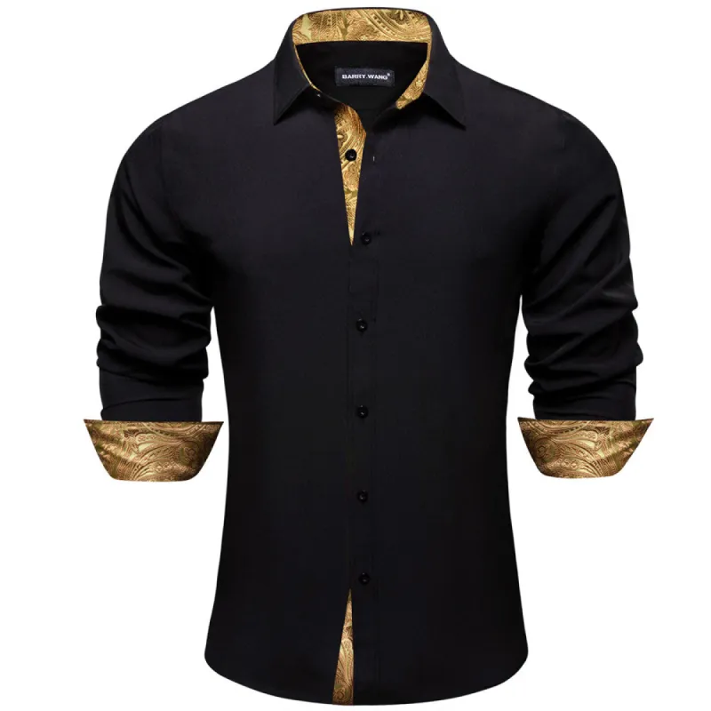 Barry. Wang Black Gold Patchwork Long Sleeve Button Down Dress Shirt sold by Barrywang