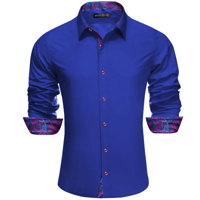 Barry. Wang Blue Patchwork Long Sleeve Button Down Dress Shirt sold by Barrywang