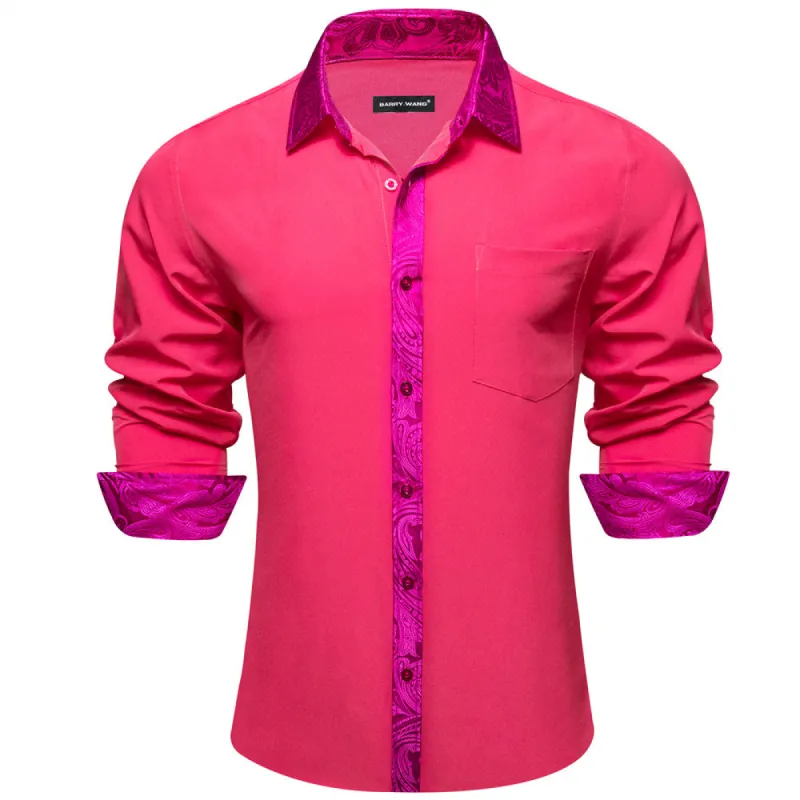 Barry. Wang Dark Pink Solid Patchwork Long Sleeve Dress Shirt sold by Barrywang