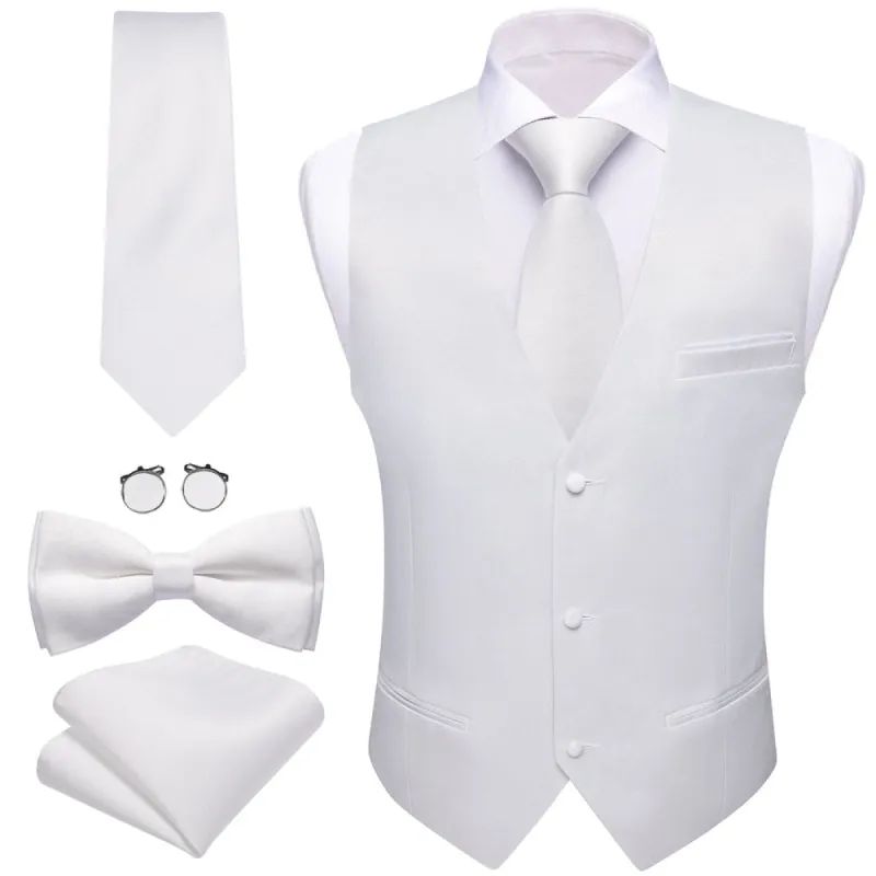 Barry Wang 5pcs Mens Waistcoat Set Platinum White Solid Vest Tie Set sold by Barrywang