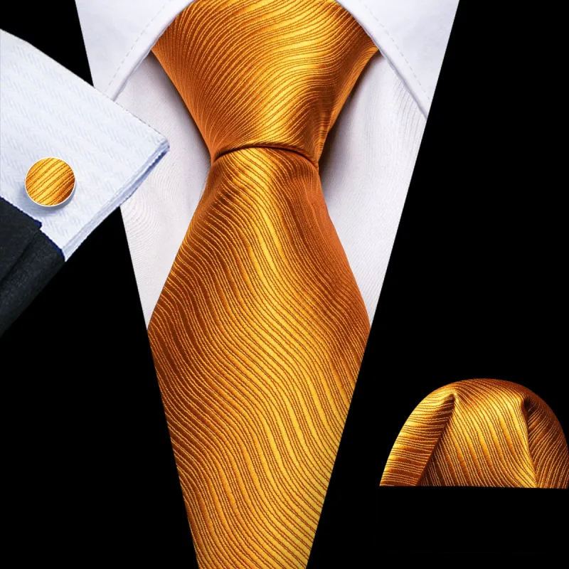 Barry Wang Bright Orange Solid Silk Men Tie Handkerchief Cufflinks Set sold by Barrywang