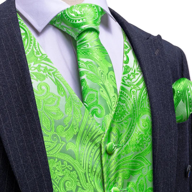 Barry Wang Green Vest Paisley Men Vest Tie Pocket square Cufflinks Set sold by Barrywang