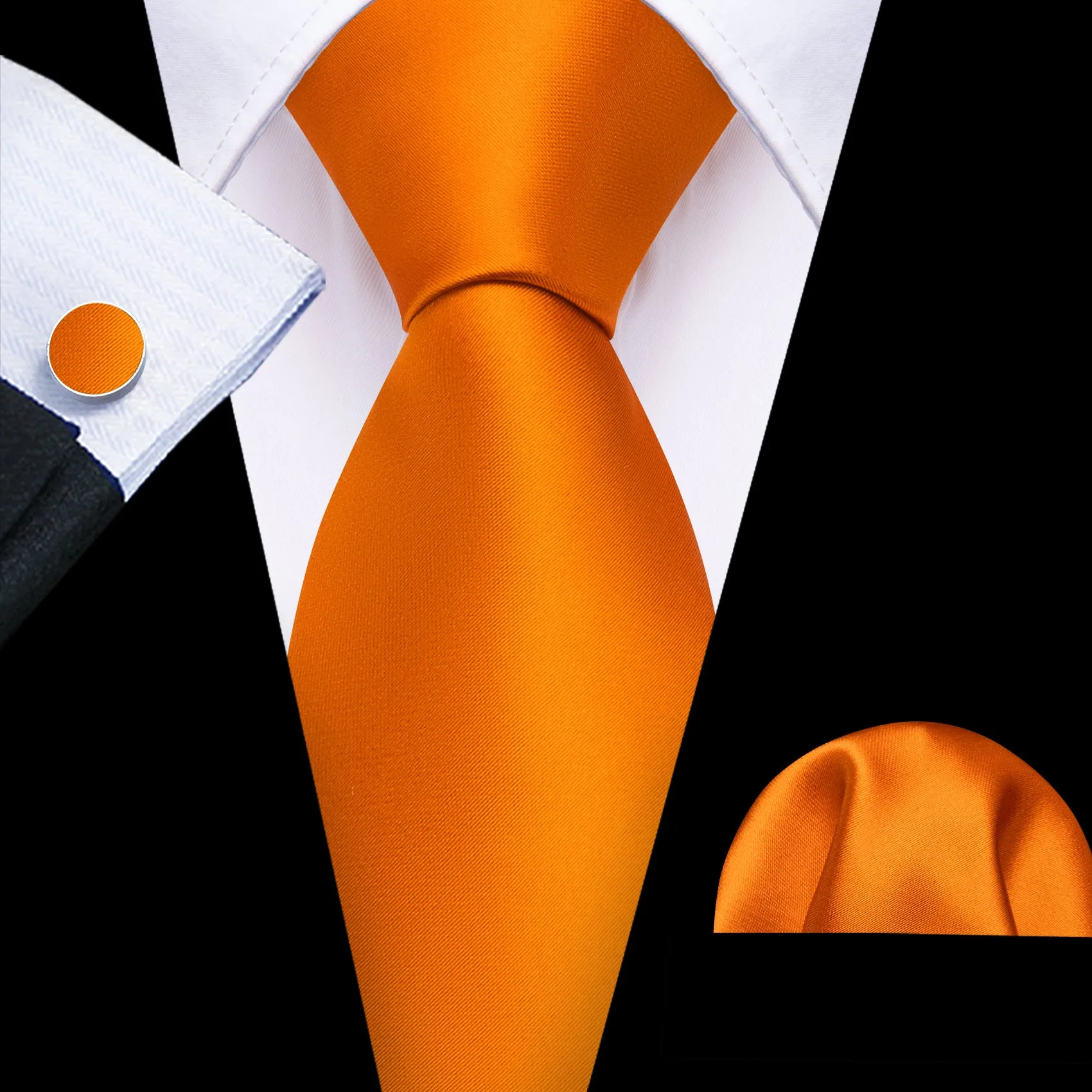 Barry Wang Orange Necktie Solid Silk Tie Pocket Square Cufflinks Set sold by Barrywang