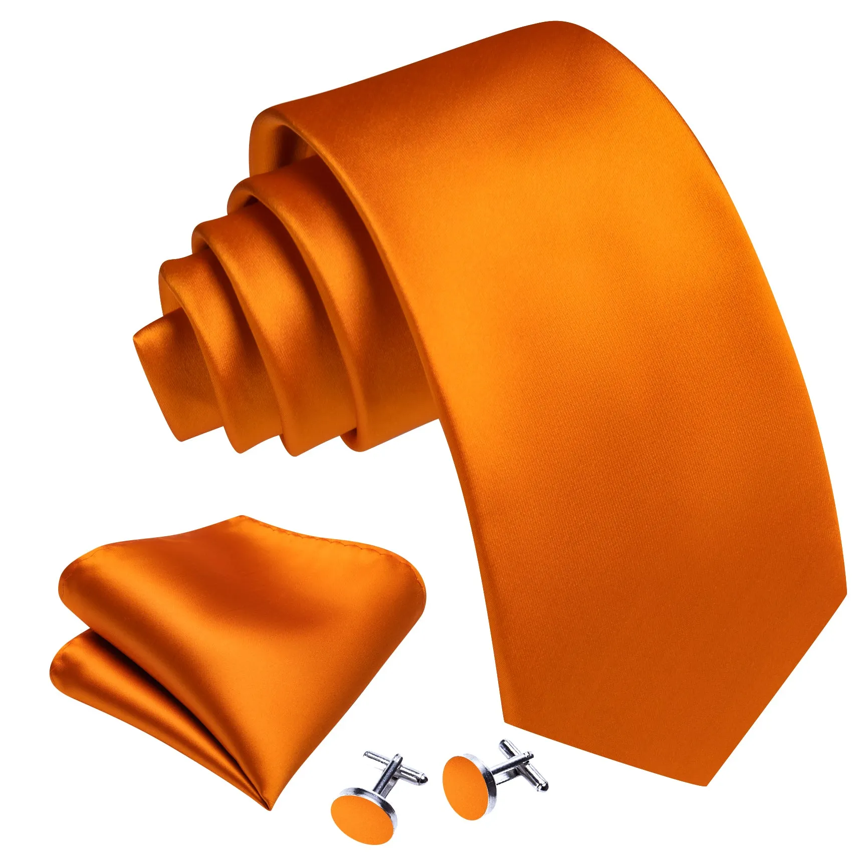 Barry Wang Orange Necktie Solid Silk Tie Pocket Square Cufflinks Set sold by Barrywang product image thumbnail 3