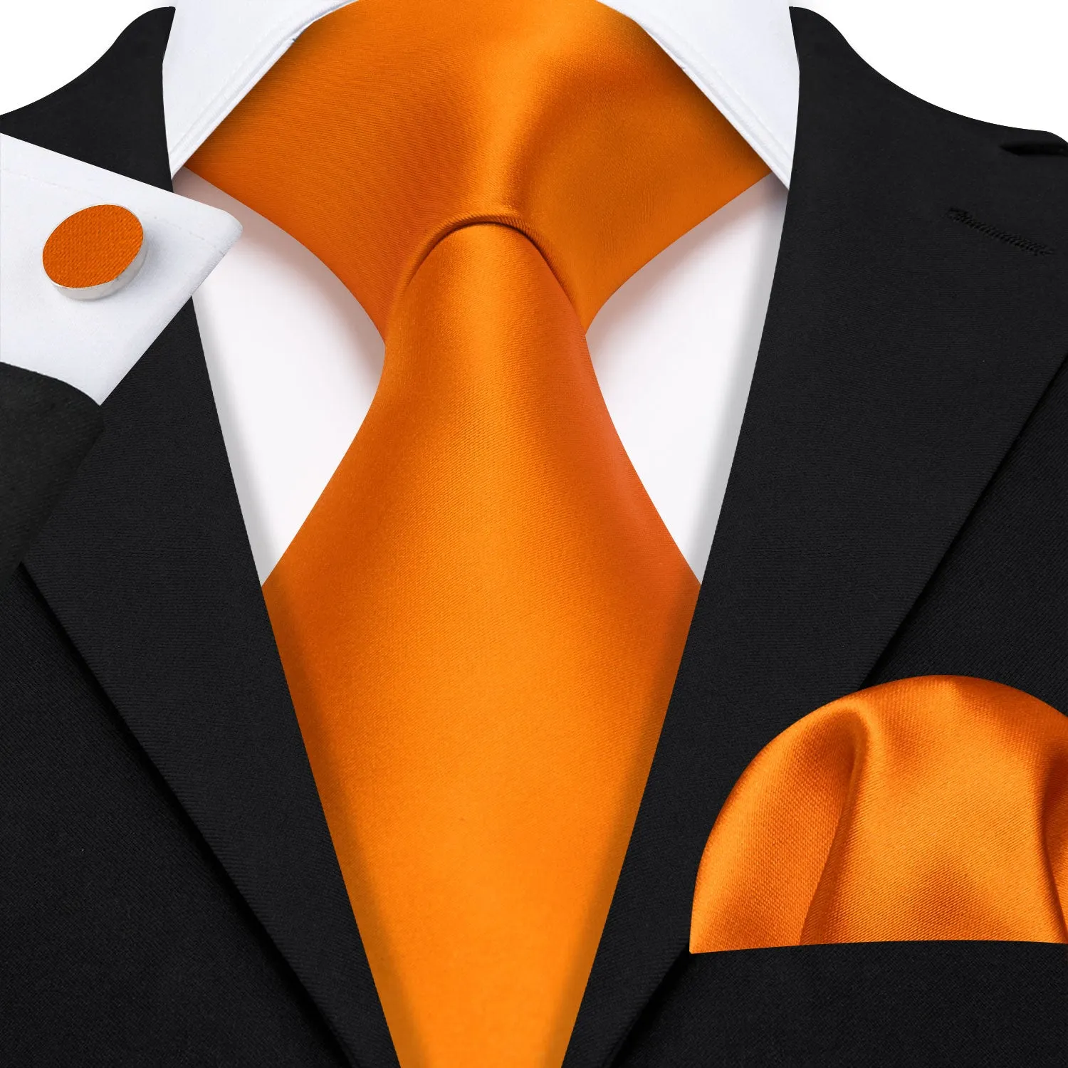 Barry Wang Orange Necktie Solid Silk Tie Pocket Square Cufflinks Set sold by Barrywang product image thumbnail 2