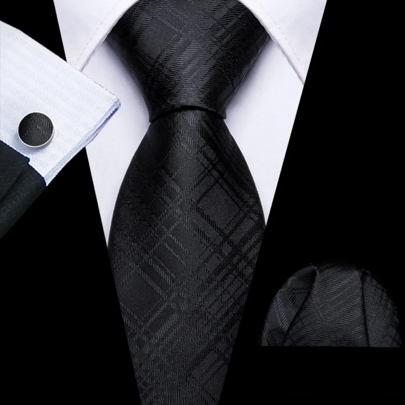 Barry Wang Black Tie Classic Plaid Mens Business Work Tie Pocket Square Cufflinks Set sold by Barrywang