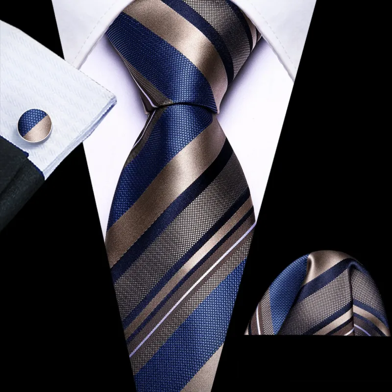 Barry Wang Striped Tie Deep Blue Tan Mens Business Work Tie Pocket Square Cufflinks Set sold by Barrywang
