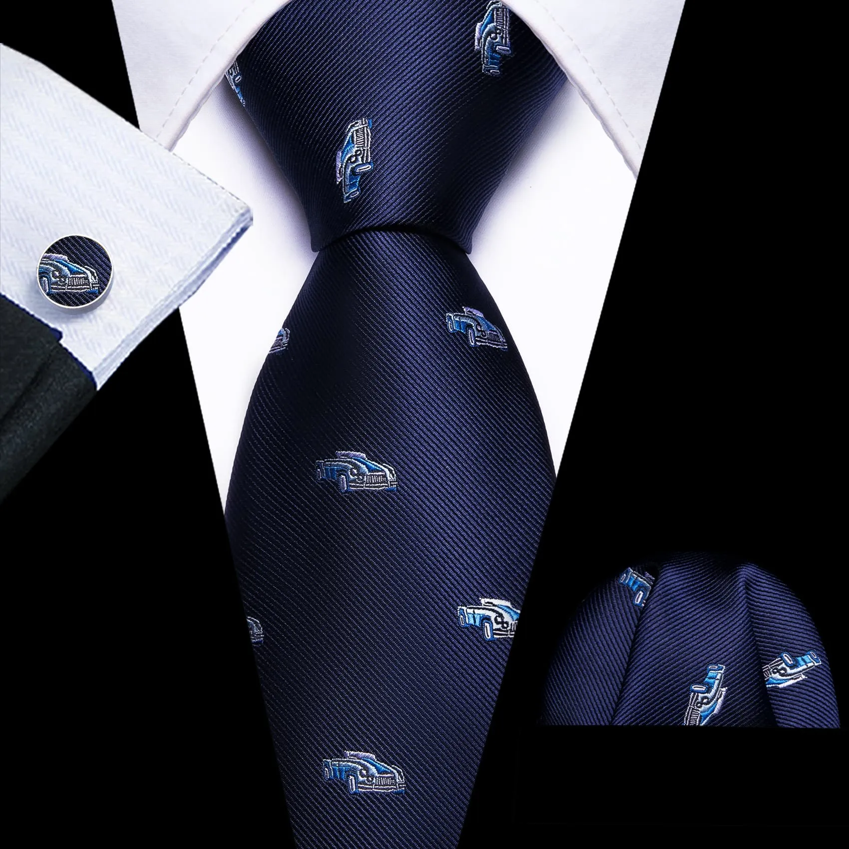 Barry Wang Dark Blue Necktie Blue Car Novelty Pattern Mens Tie Set sold by Barrywang