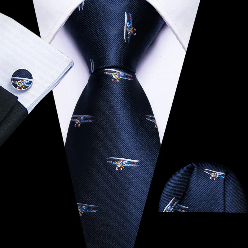 Barry Wang Oxford Blue Necktie White Airplane Novelty Pattern Mens Tie Set sold by Barrywang