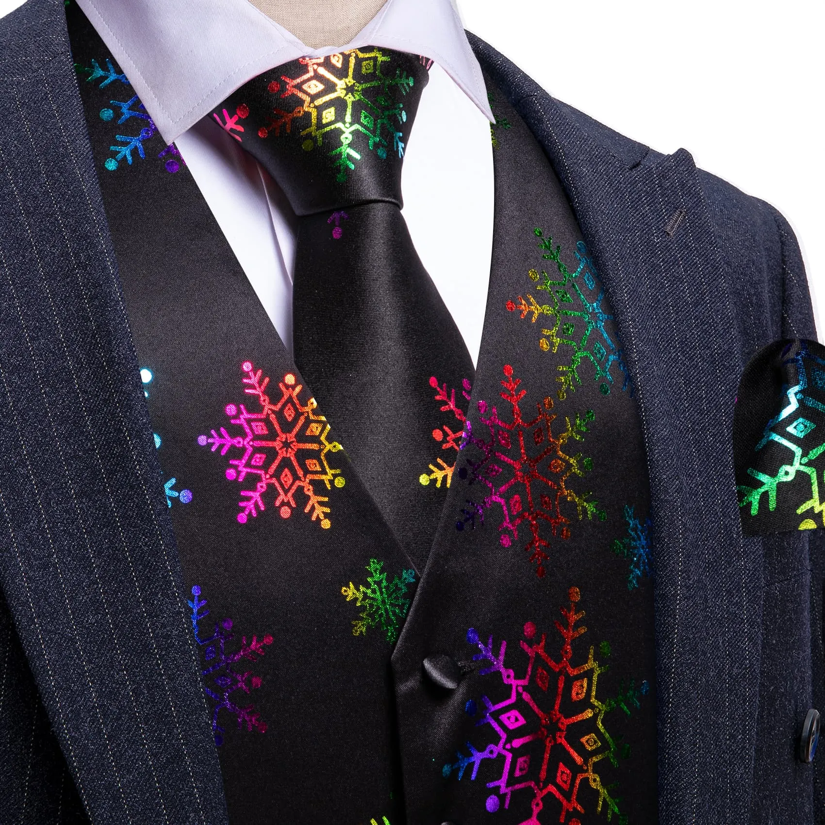 Barry Wang Mens Vest Black Colored Snowflakes Novelty Silk Christmas Waistcoat Tie Set sold by Barrywang