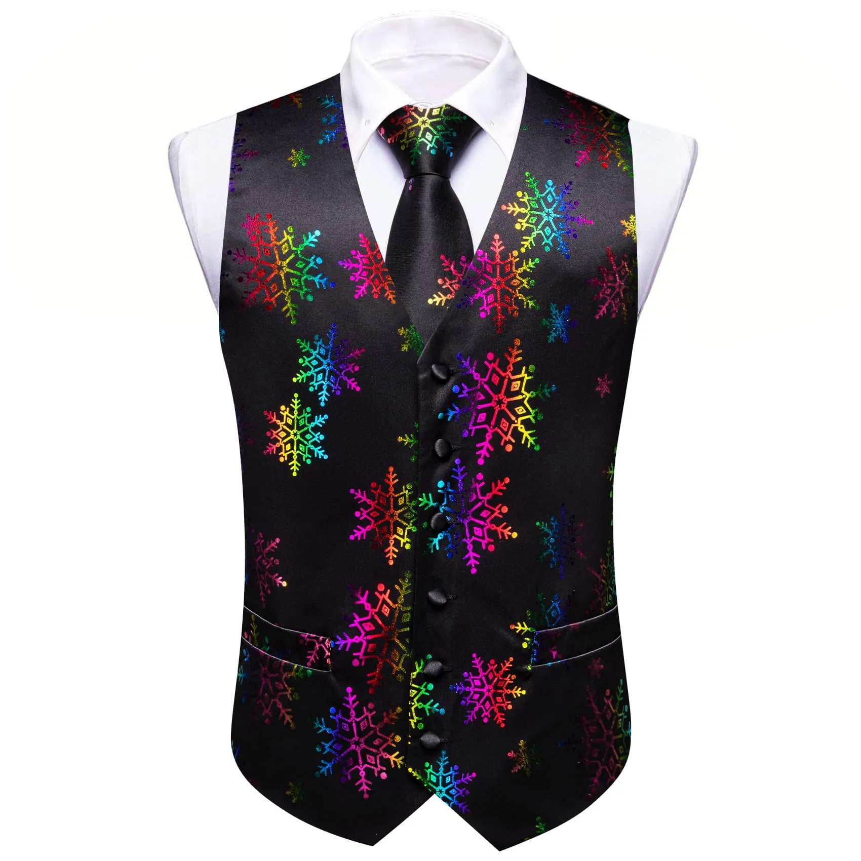 Barry Wang Mens Vest Black Colored Snowflakes Novelty Silk Christmas Waistcoat Tie Set sold by Barrywang product image thumbnail 3